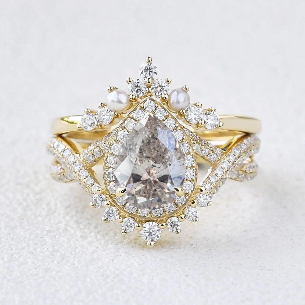 High-End Accessory Pear Shape Salt and Pepper Diamonds Halo Pearl Ring Set 2pcs