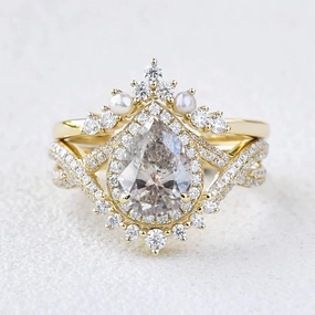 Radiant Finish Lively Accent Pear Shape Salt and Pepper Diamonds Halo Pearl Ring Set 2pcs