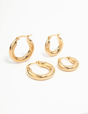 Waterproof Gold Plated Stainless Steel Tube Hoop Earrings 2-Pack Timeless Style