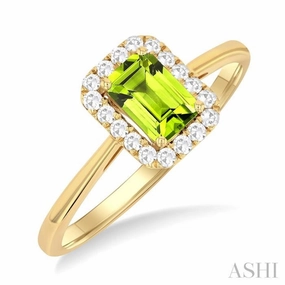 6x4 MM Octagonal Shape Peridot and 1/6 Ctw Round Cut Diamond Halo Semi-Precious Ring in 10K Yellow Gold Numbered Edition