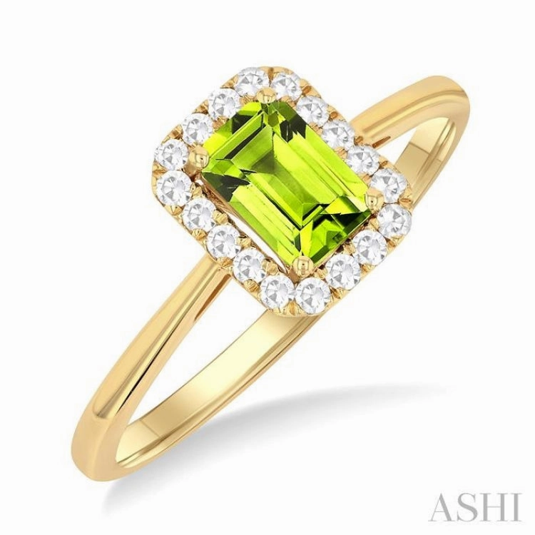 6x4 MM Octagonal Shape Peridot and 1/6 Ctw Round Cut Diamond Halo Semi-Precious Ring in 10K Yellow Gold Numbered Edition