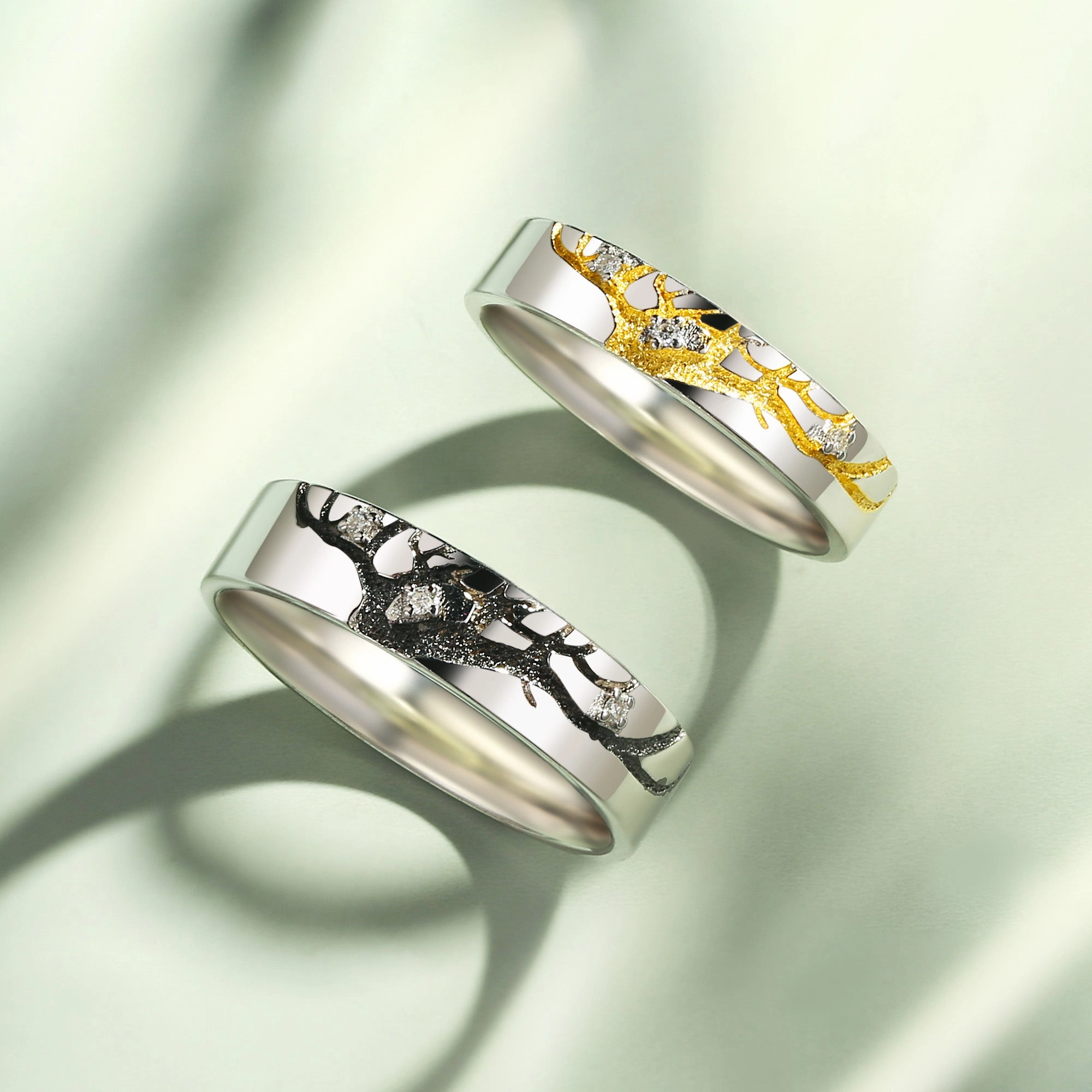 Fun Detail Vintage Gift Symbiotic Tree Inspired Engraved Moissanite Couple Ring Set 2pcs - Spark