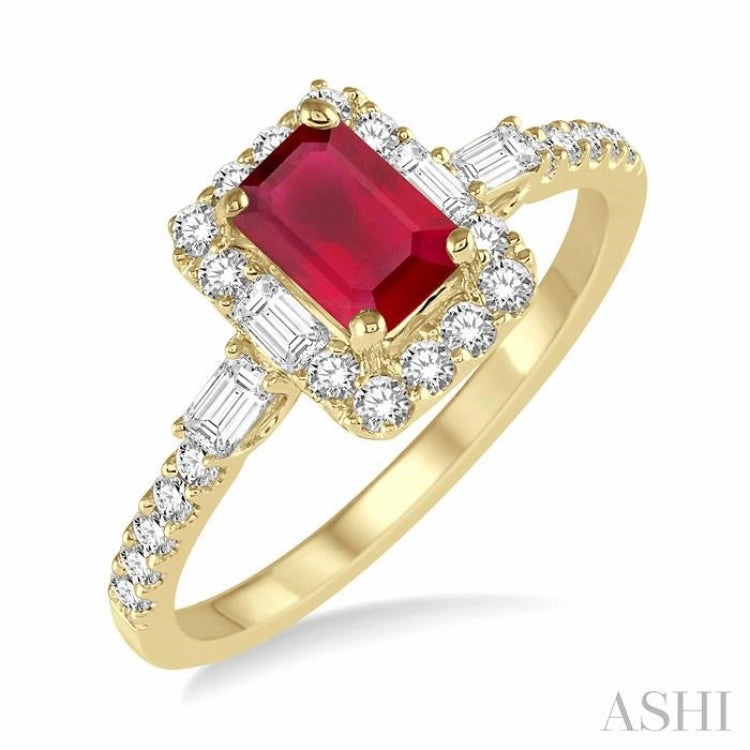 6x4 MM Octagon Cut Ruby and 1/2 Ctw Round Cut Diamond Precious Ring in 14K Yellow Gold All Time Trendsetter Jewelry