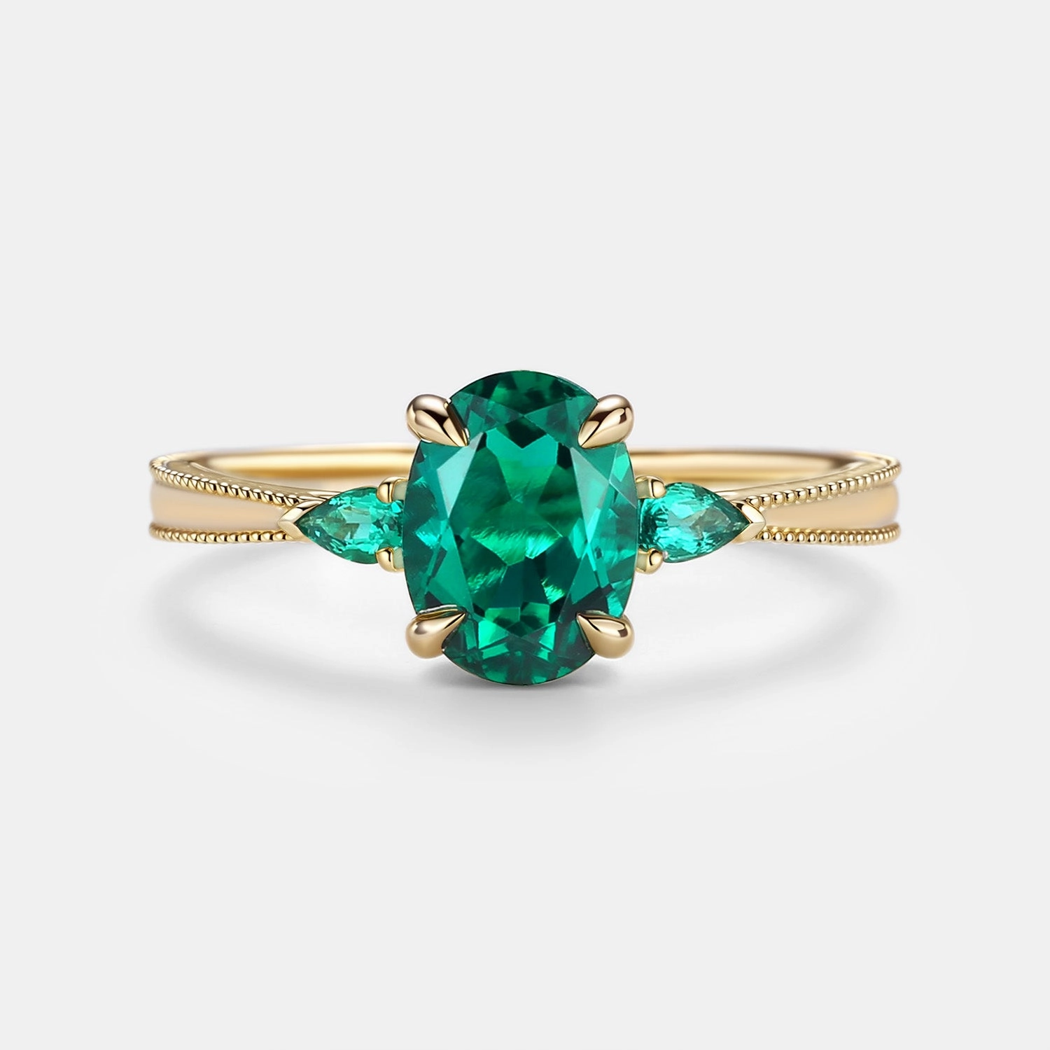 Low Profile Vintage Oval Cut Lab Emerald Engagement Ring - Foliate