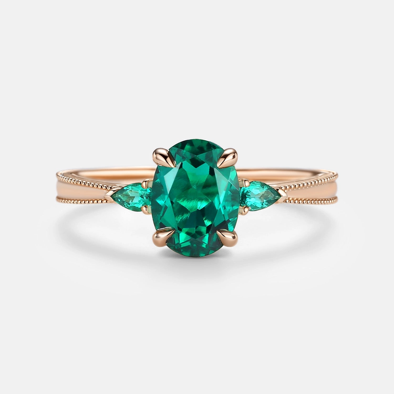 Vintage Oval Cut Lab Emerald Engagement Ring - Foliate Elegant Contour