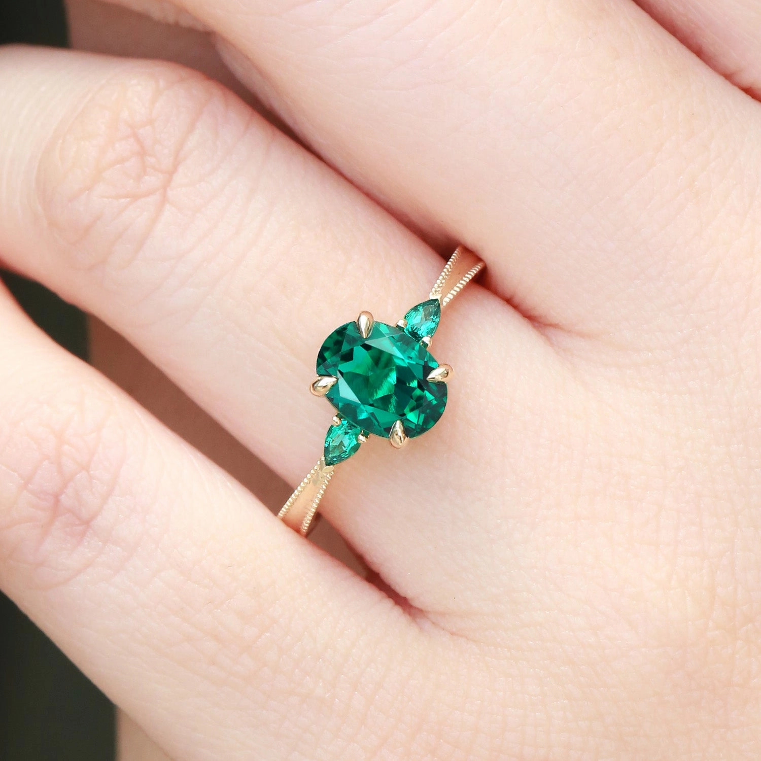 Vintage Oval Cut Lab Emerald Engagement Ring - Foliate Stylish Spark Amazing Craft
