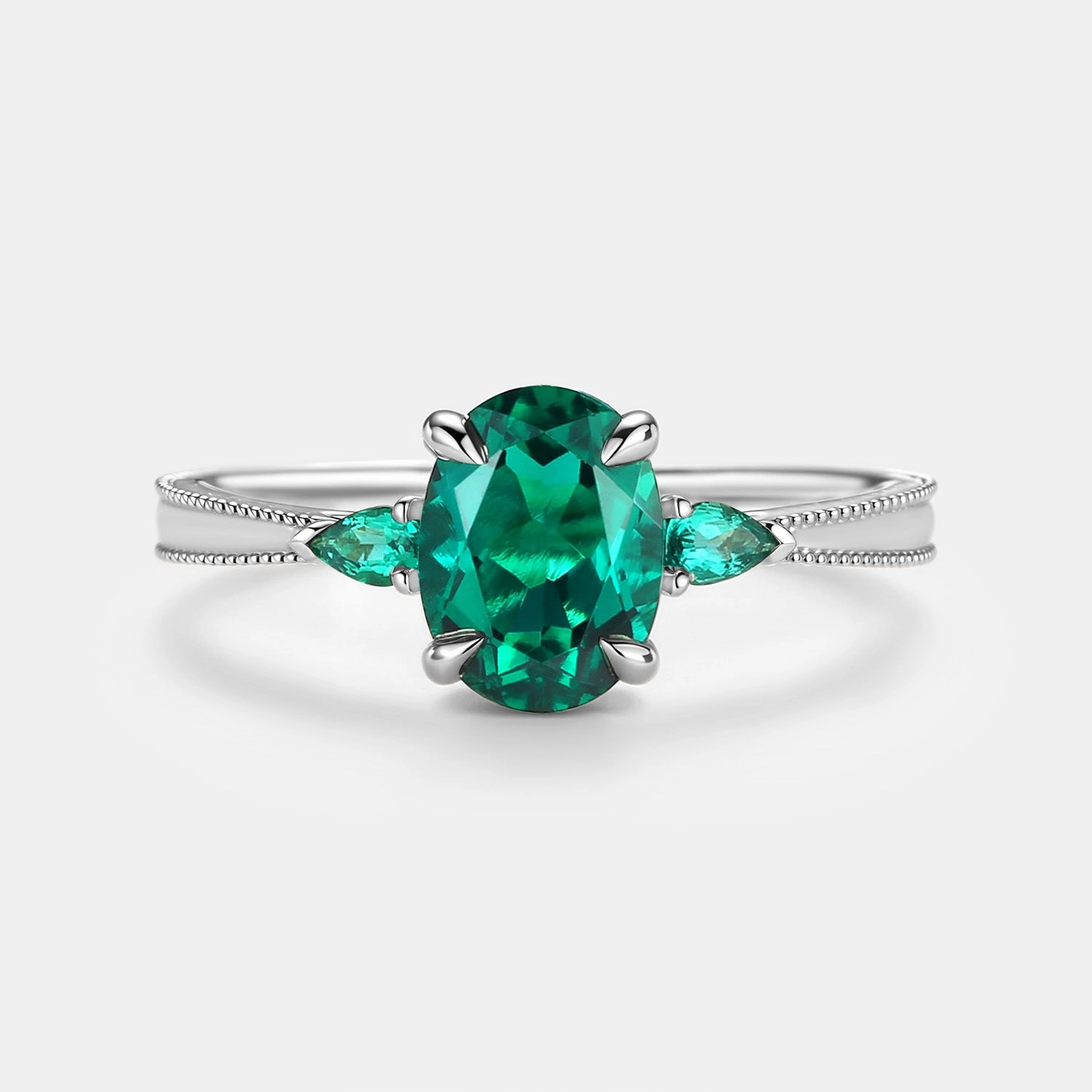 Vintage Oval Cut Lab Emerald Engagement Ring - Foliate Refined Appearance