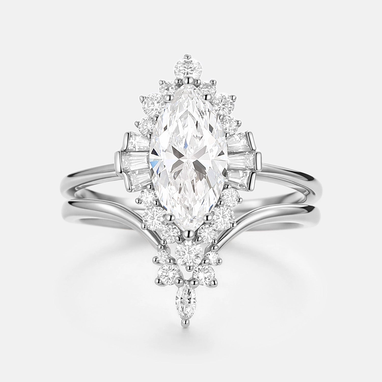 Marquise Cut Lab Grown Diamond Art Deco Engagement Ring Sets 2pcs Universal Design