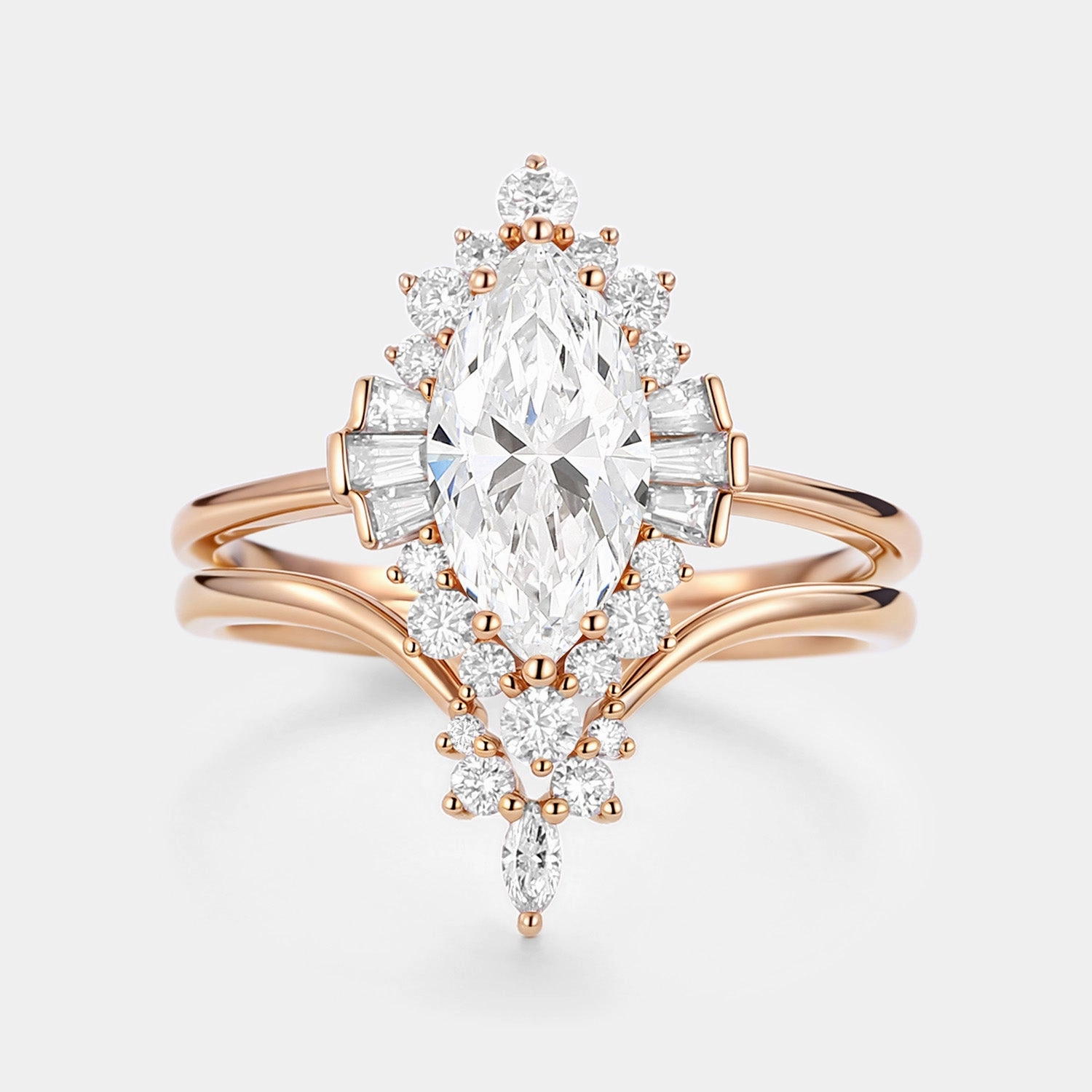 Featured Item Elegant Mark Marquise Cut Lab Grown Diamond Art Deco Engagement Ring Sets 2pcs