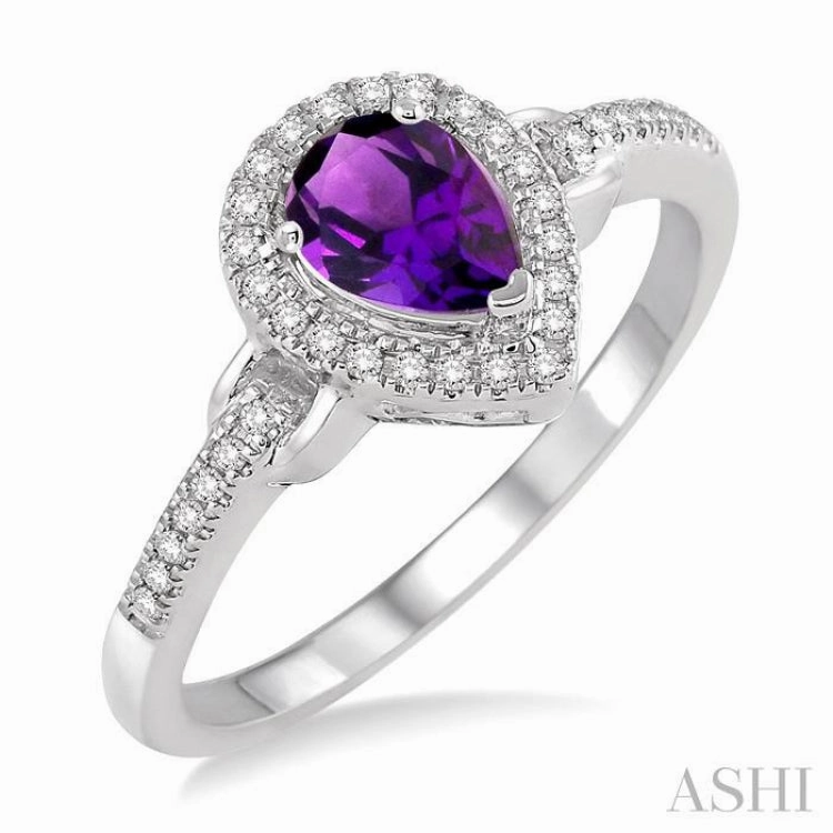 Eternal Object 7x5 MM Pear Shape Amethyst and 1/6 Ctw Round Cut Diamond Ring in 10K White Gold