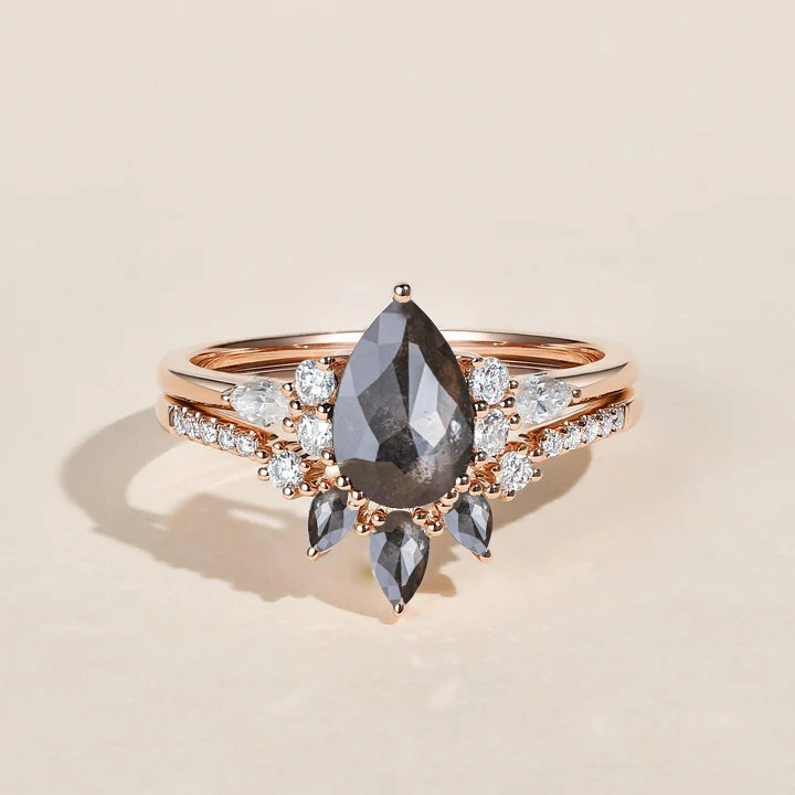 Glow Layer Black Pear Cut Salt and Pepper Diamonds Engagement Ring Sets 2pcs - Sage
