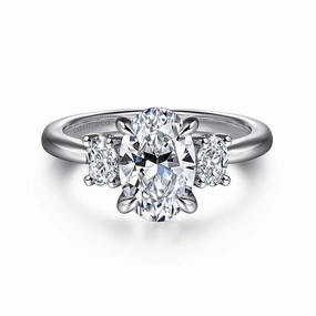 14K White Gold Oval Three Stone Diamond Engagement Ring Tasteful Accent Radiant Accent