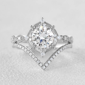 Polished Finish Chic piece 1.0ct Round Cut Signature Vintage Moissanite Ring Set 2pcs