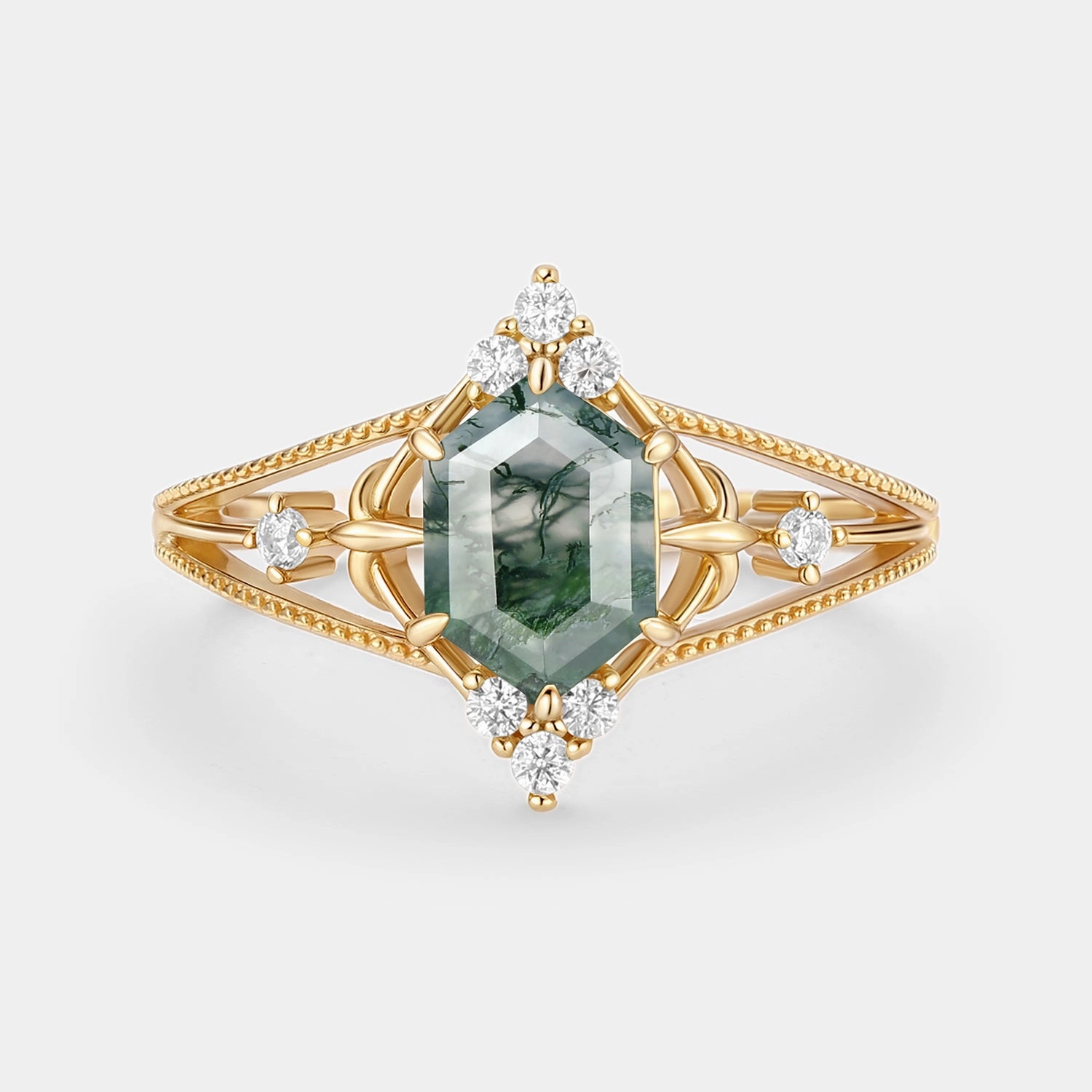 Hexagon Moss Agate Leafy Moissanite Engagement Ring - Erebus Groom Accessory Quartz Mechanism