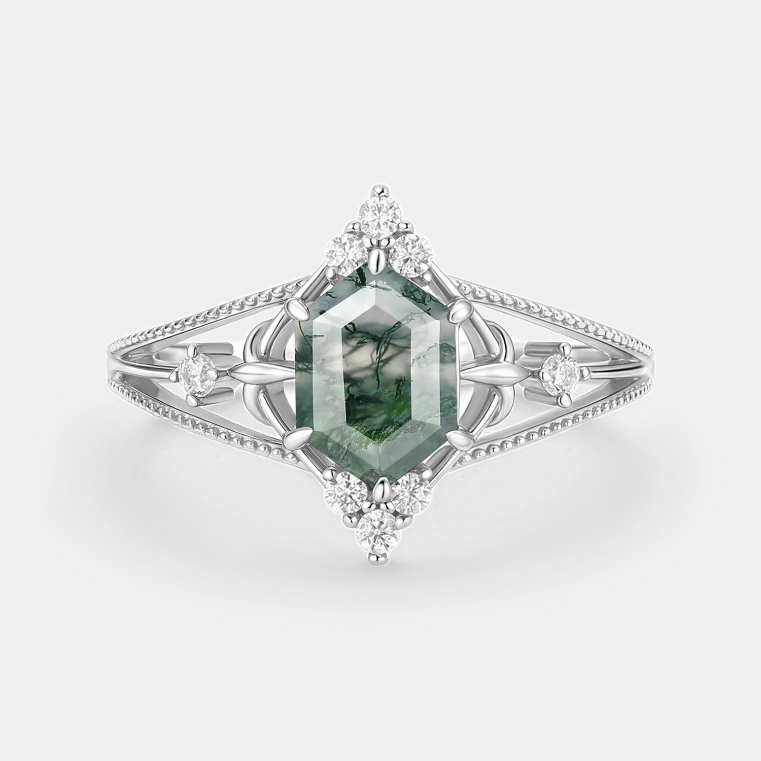 Hexagon Moss Agate Leafy Moissanite Engagement Ring - Erebus Popular Trend