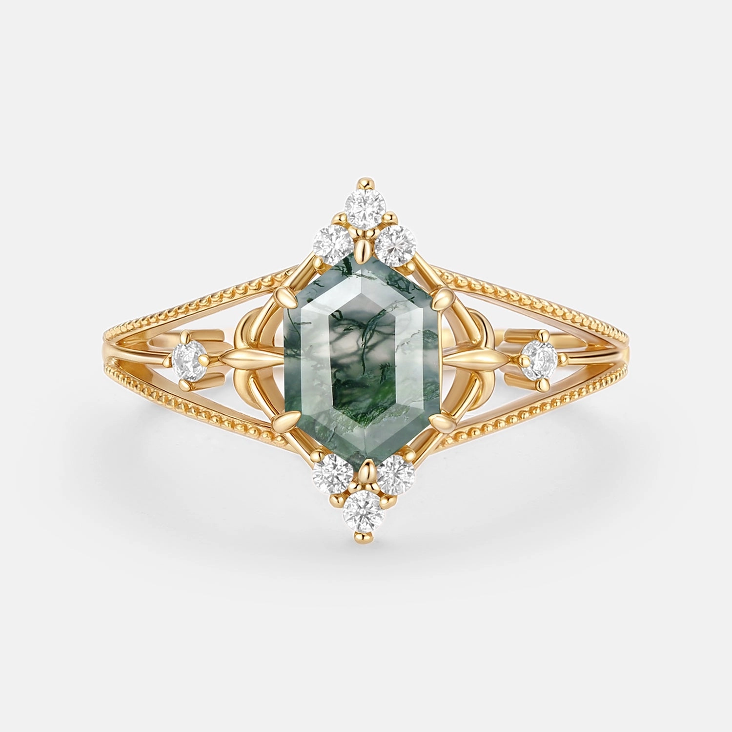 Night Style Hexagon Moss Agate Leafy Moissanite Engagement Ring - Erebus