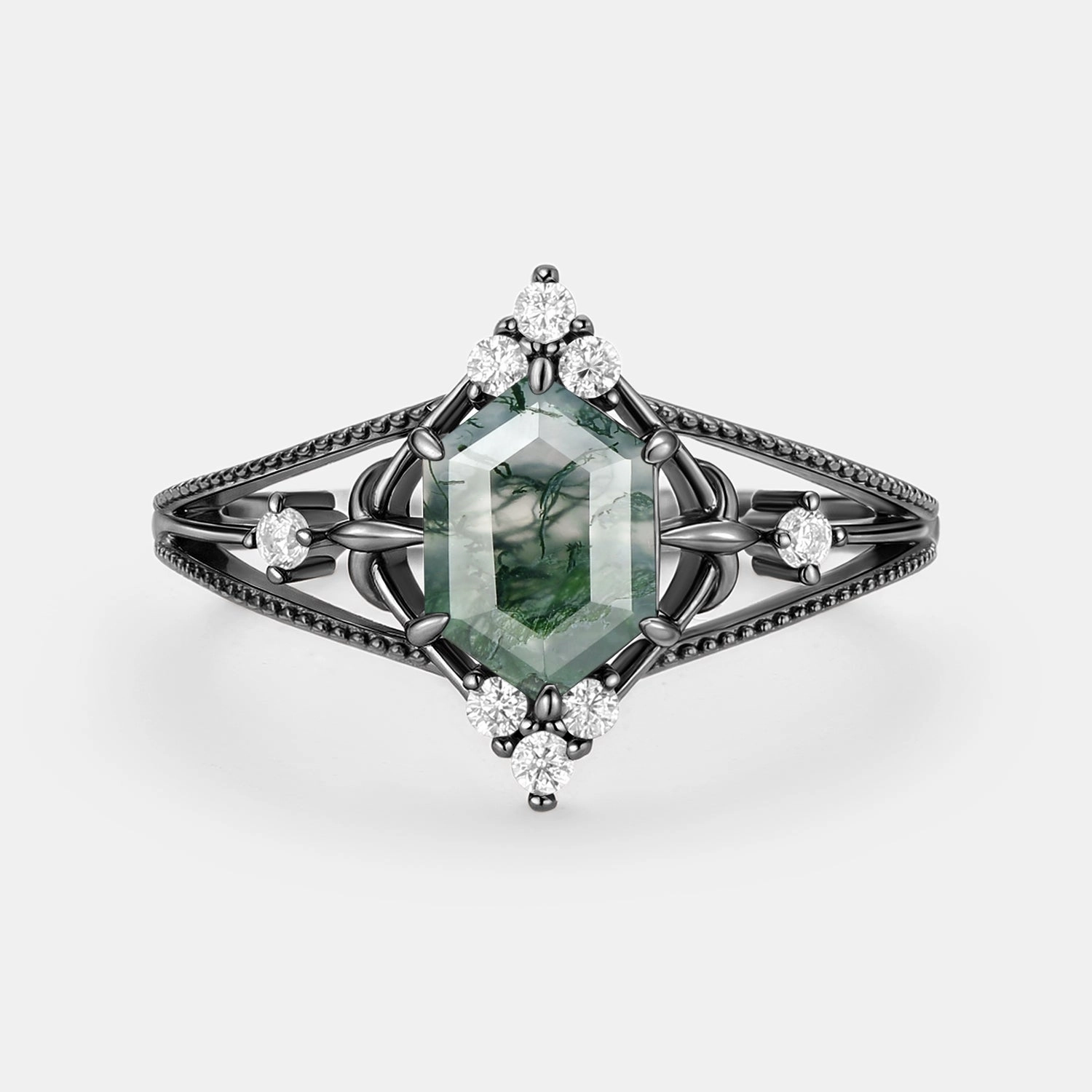 Budget Craft Hexagon Moss Agate Leafy Moissanite Engagement Ring - Erebus