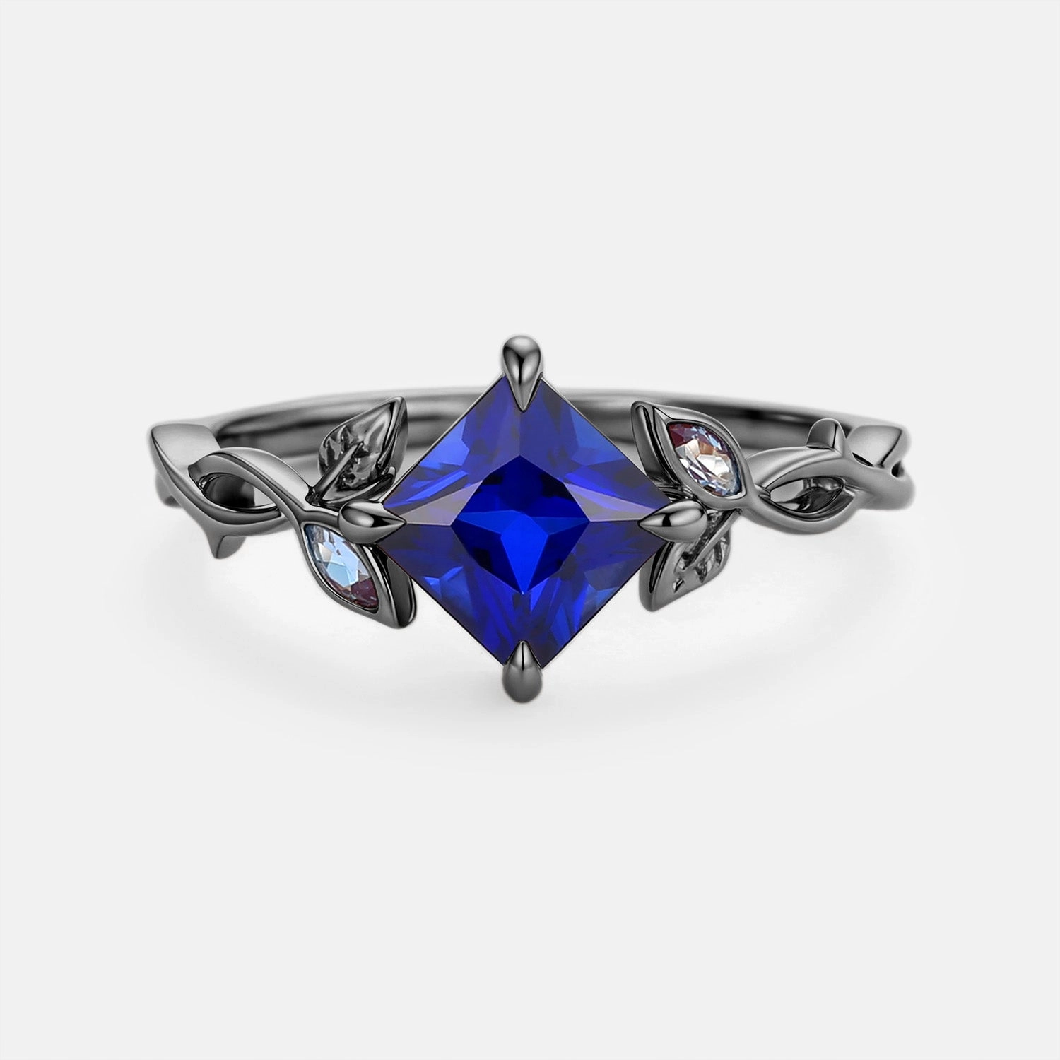 Sophisticated Detail Elegant Style Pieces Princess Cut Lab Sapphire Twist Leafy Engagement Ring - Sable