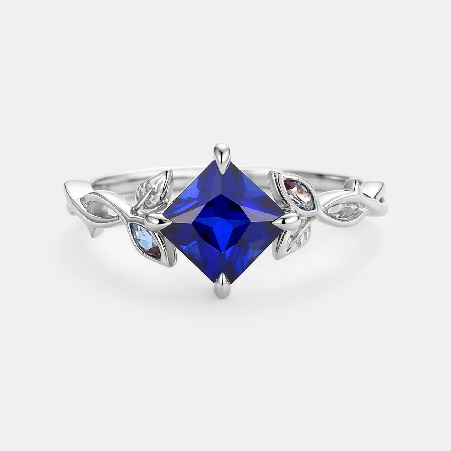Flirty Look Elegant Shine Princess Cut Lab Sapphire Twist Leafy Engagement Ring - Sable