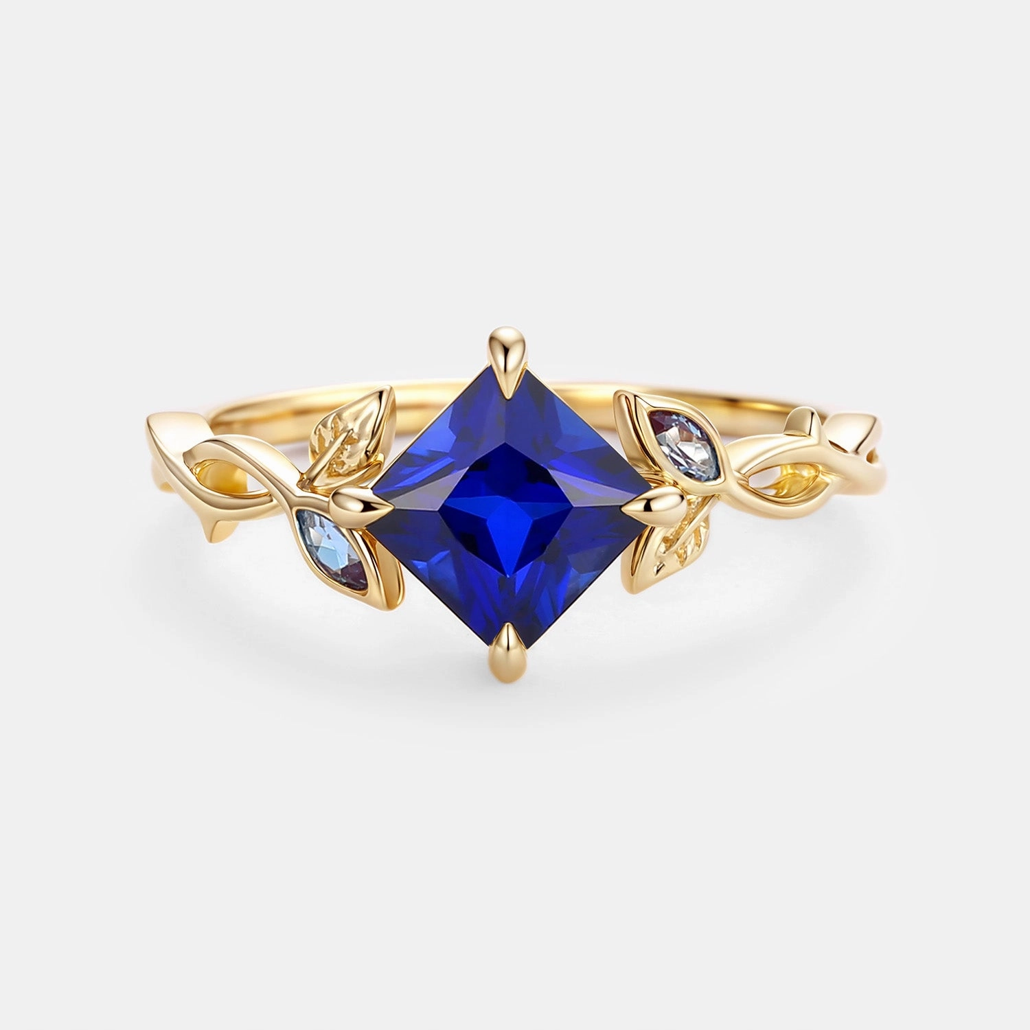 Sparkle Finish Princess Cut Lab Sapphire Twist Leafy Engagement Ring - Sable