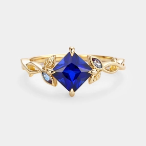 Princess Cut Lab Sapphire Twist Leafy Engagement Ring - Sable Party essential