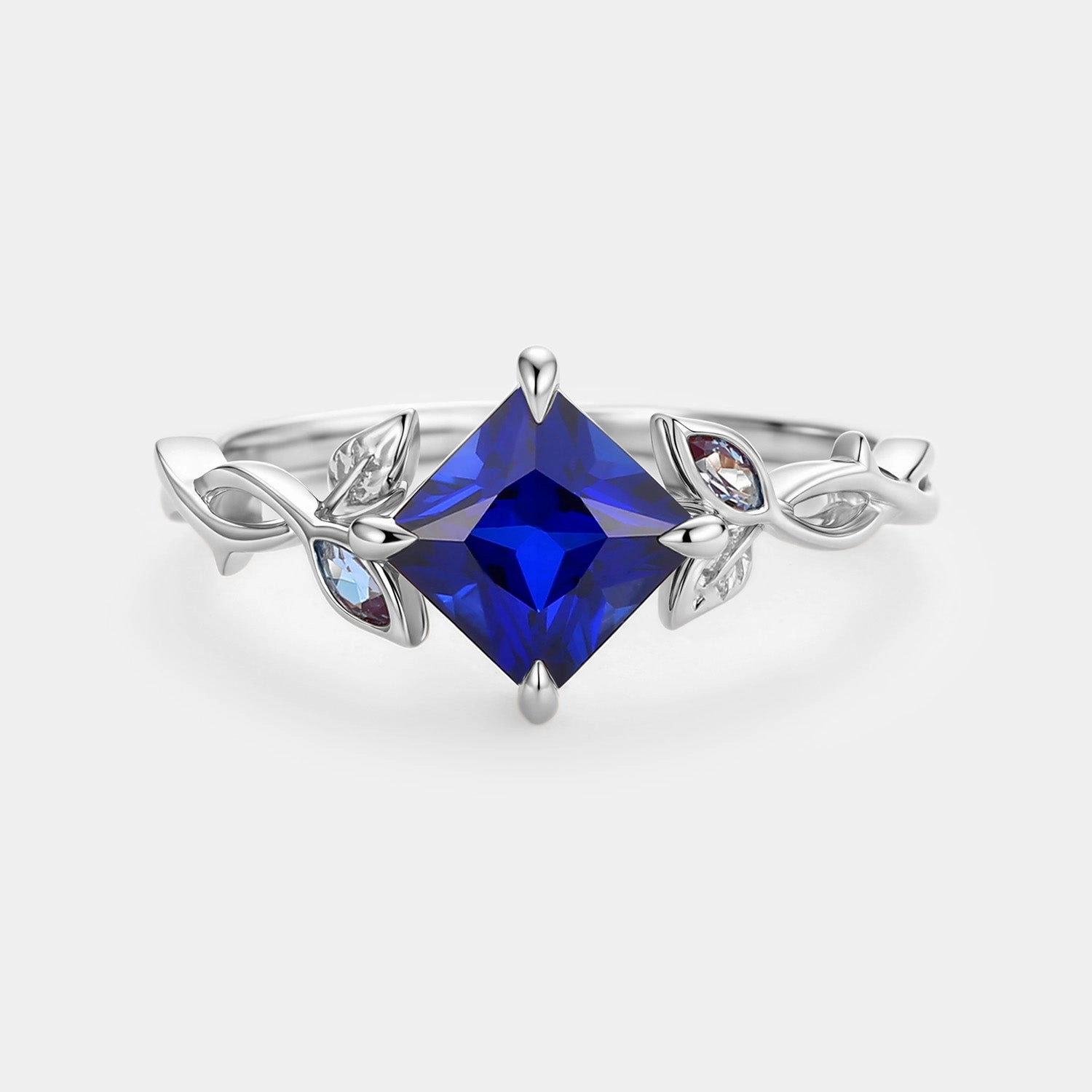 Princess Cut Lab Sapphire Twist Leafy Engagement Ring - Sable Valentine Present