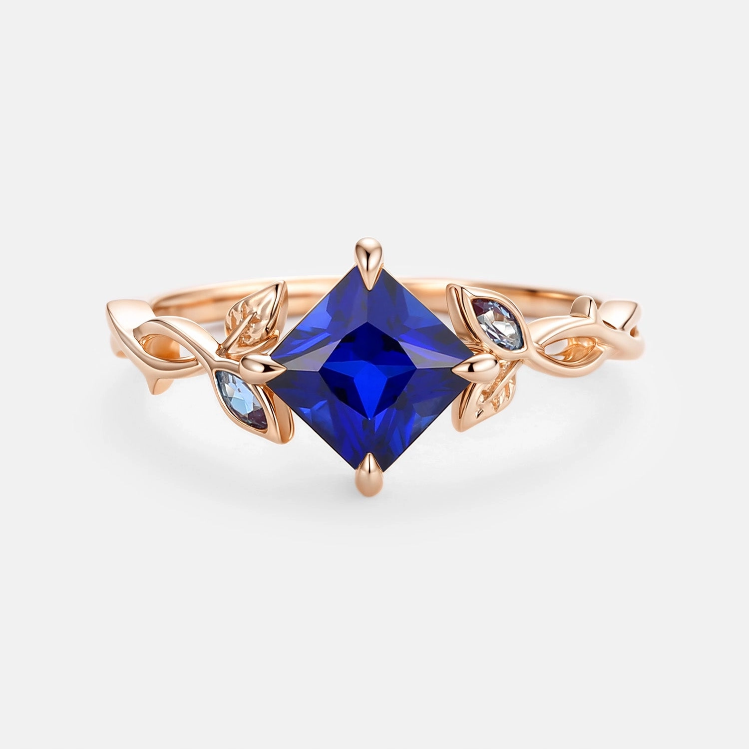 Princess Cut Lab Sapphire Twist Leafy Engagement Ring - Sable Single Item