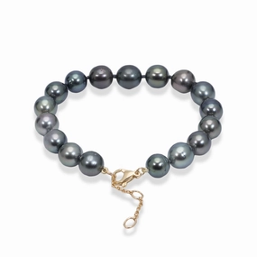 7.5-9" Adjustable Tahitian Black Pearl Bracelet in Gold - 8-10mm Romantic Set
