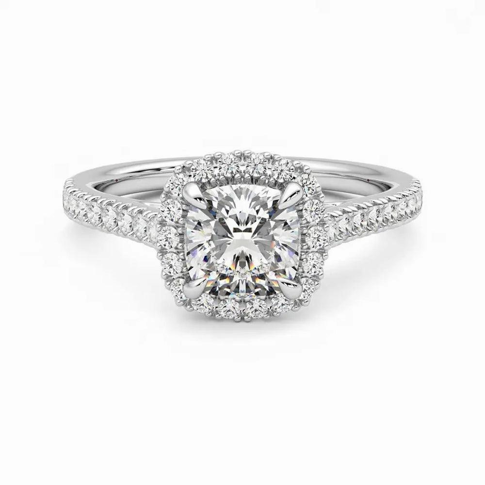 Cushion Cut Halo Moissanite Engagement Ring with Hidden Anniversary Stone Accent Soft Style