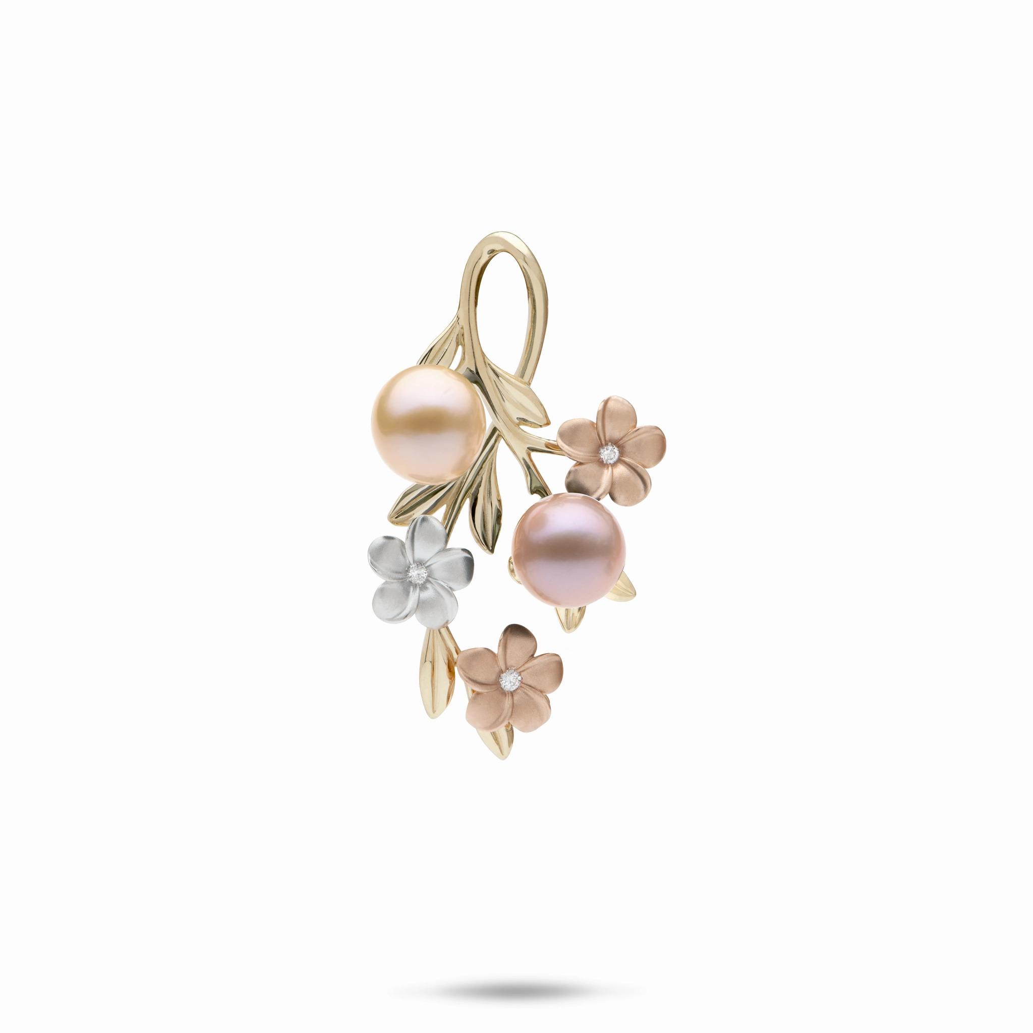 Minimalist Piece Pearls in Bloom Plumeria Freshwater Pearl Pendant in Tri Color Gold with Diamonds - 27mm