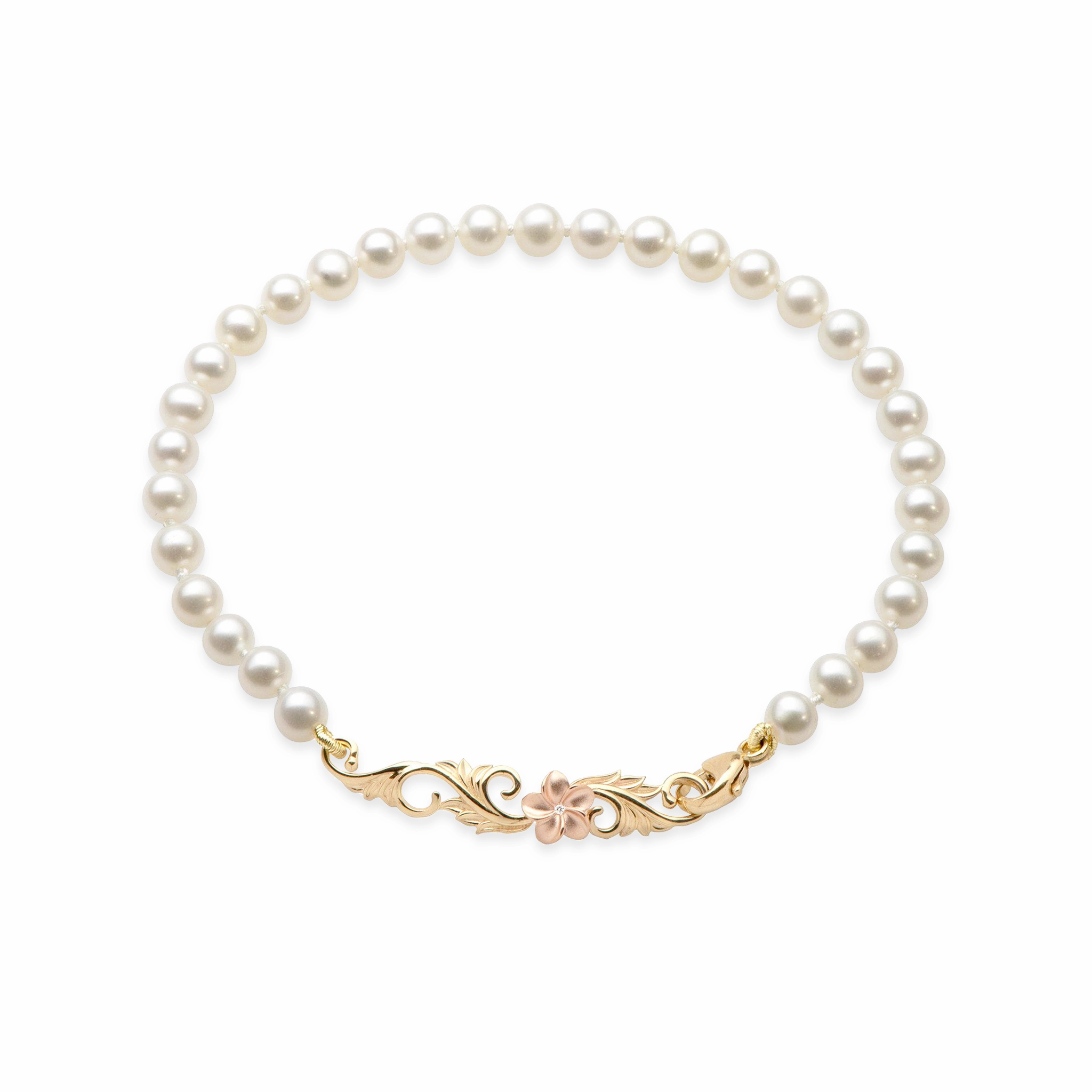 Casual Detail 7-7.5" Hawaiian Heirloom Plumeria Freshwater White Pearl Bracelet in Two Tone Gold with Diamond