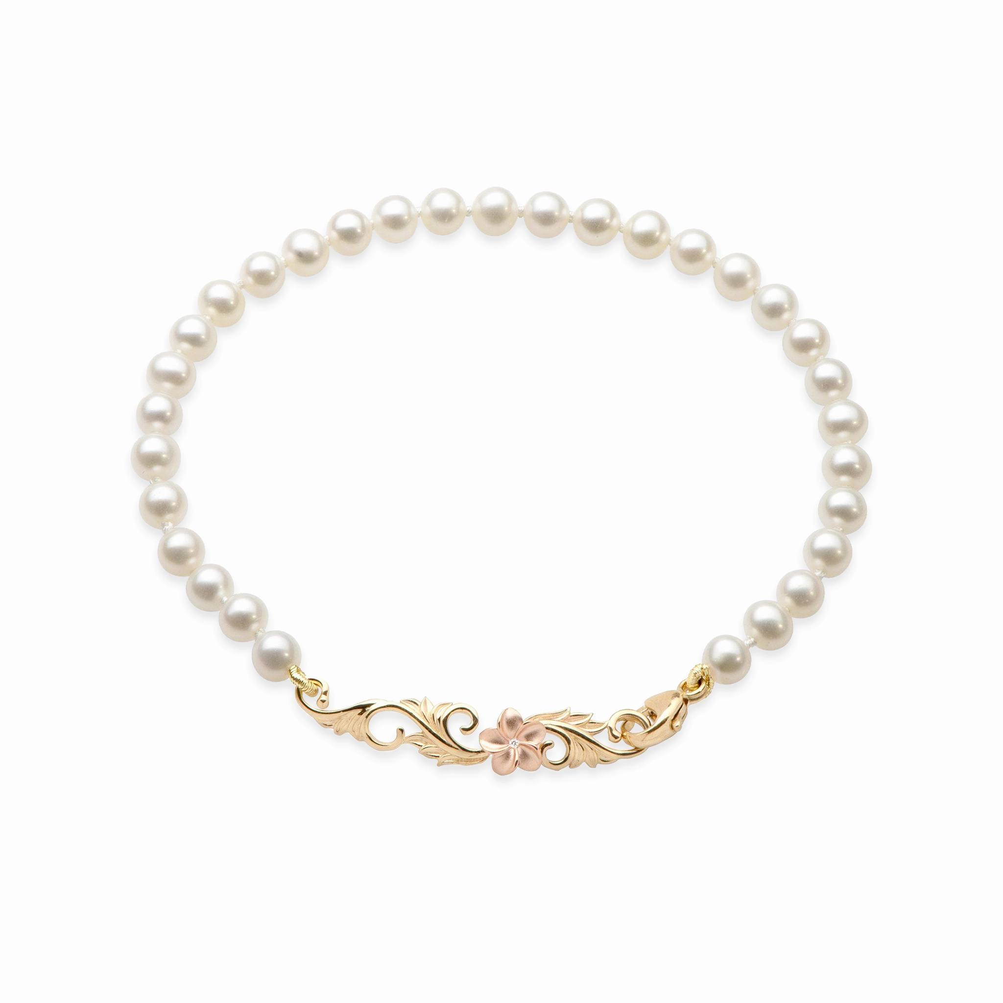 7-7.5" Hawaiian Heirloom Plumeria Freshwater White Pearl Bracelet in Two Tone Gold with Diamond Neutral Vibe