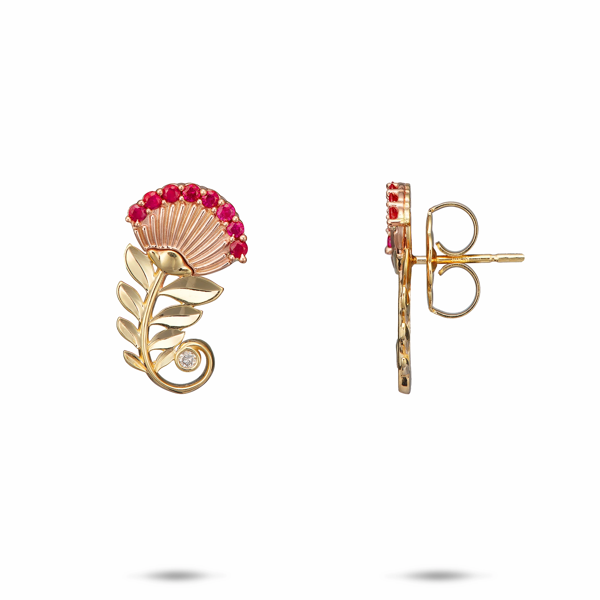 Artisan Piece ???hi?a Lehua Ruby Earrings in Two Tone Gold with Diamonds - 19mm