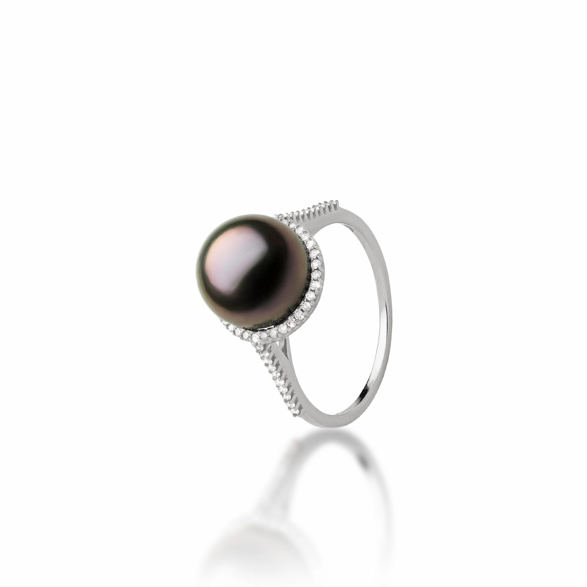 Tahitian Black Pearl Halo Ring in White Gold with Diamonds - 9-10mm Fresh Accent
