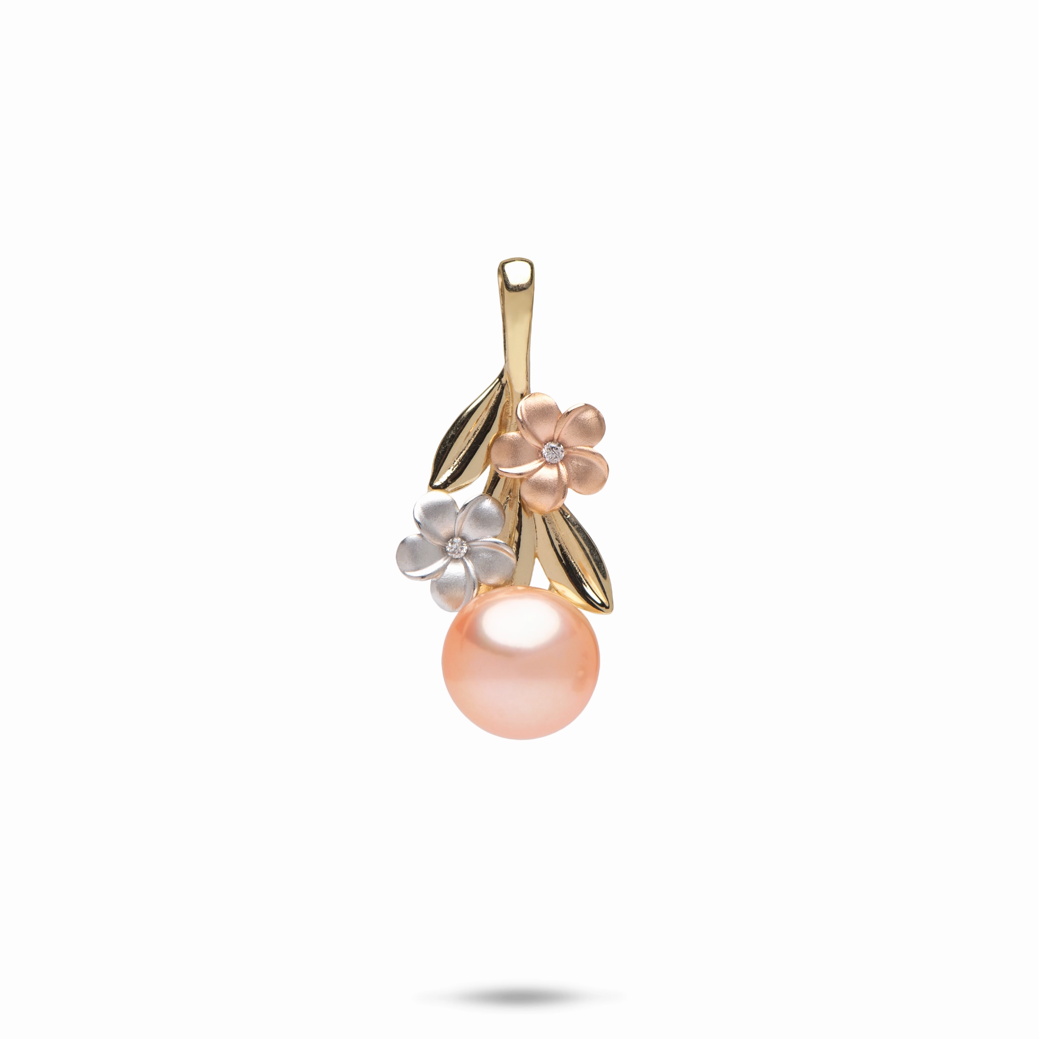 Pearls in Bloom Plumeria Peach Freshwater Pearl Pendant in Tri Color Gold with Diamonds Urban Pop Everyday Fashion