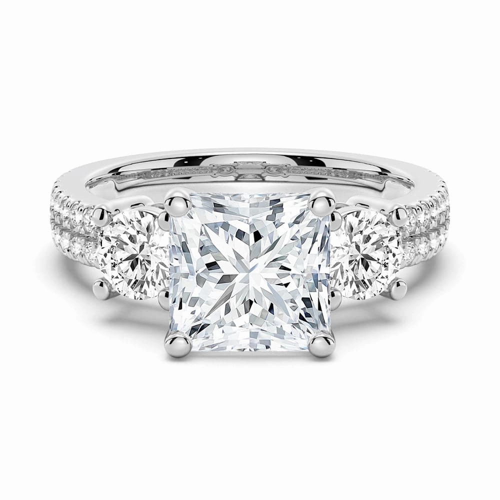 Gentle Look Double Row Pave Three Stone Princess Cut Moissanite Engagement Ring