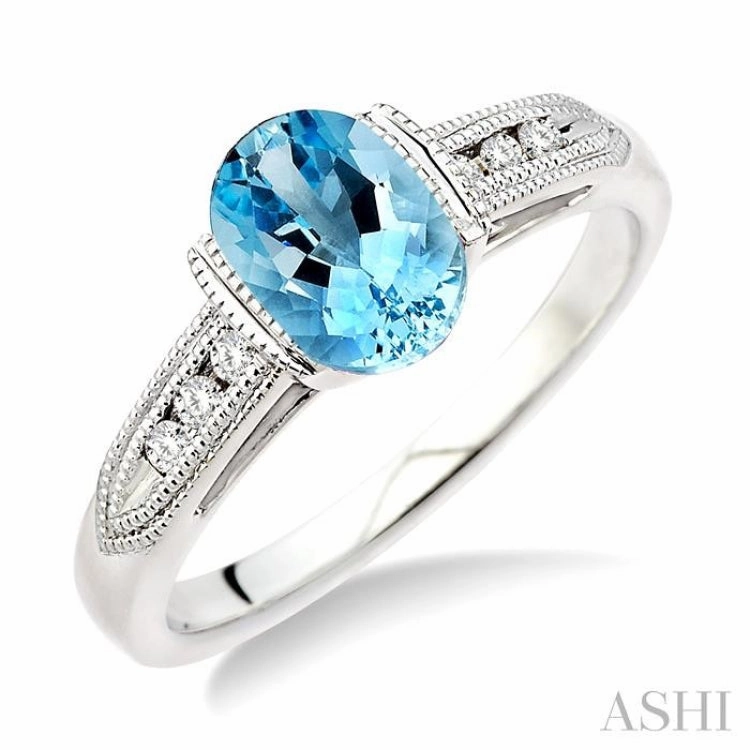 8x6 MM Oval Shape Aquamarine and 1/10 ctw Diamond Ring in 14K White Gold Celebration Jewelry