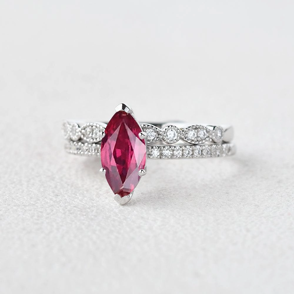 Designer Accessory Refined Touch 1.5ct Marquise Ruby Pave Vintage Solitaire Ring Set 2pcs