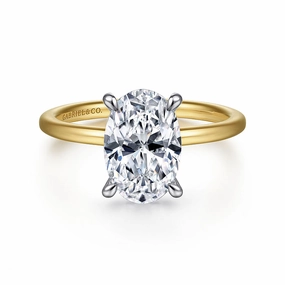 Smooth Surface Vibrant Edge Cari - 14K White-Yellow Gold Hidden Halo Oval Diamond Engagement Ring