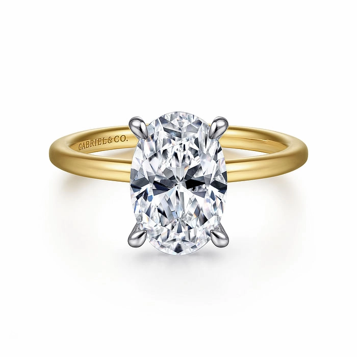 Smooth Surface Vibrant Edge Cari - 14K White-Yellow Gold Hidden Halo Oval Diamond Engagement Ring