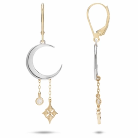 Hawaiian Quilted Star and Moon Earrings in Two Tone Gold with Diamonds - 35mm Trendy Glow Radiant Appeal