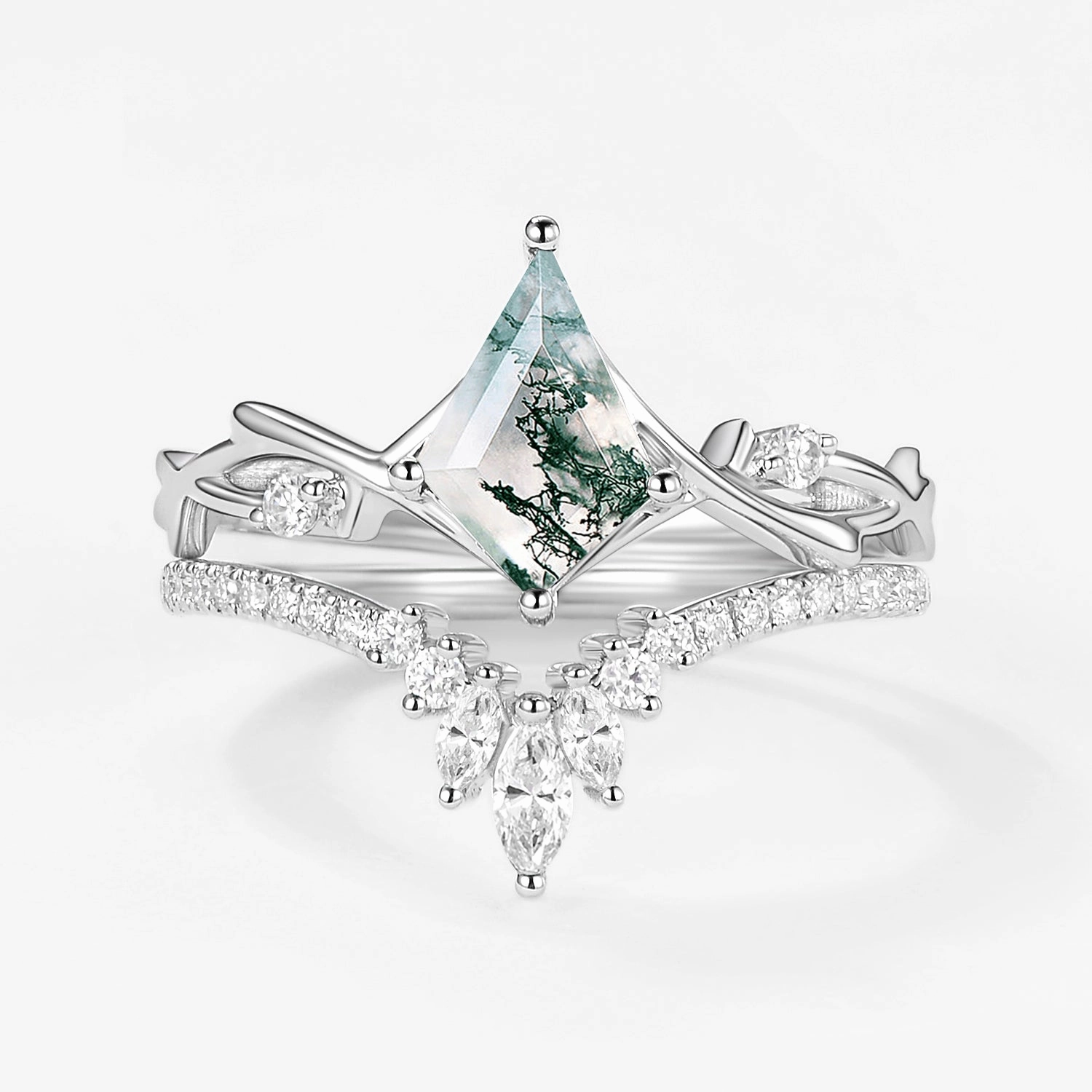 Kite Shape Branch Moss Agate Engagement Ring Sets 2pcs Cultural Accent Festival Present