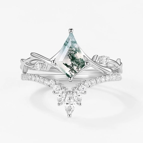 Kite Shape Branch Moss Agate Engagement Ring Sets 2pcs Handmade Statement