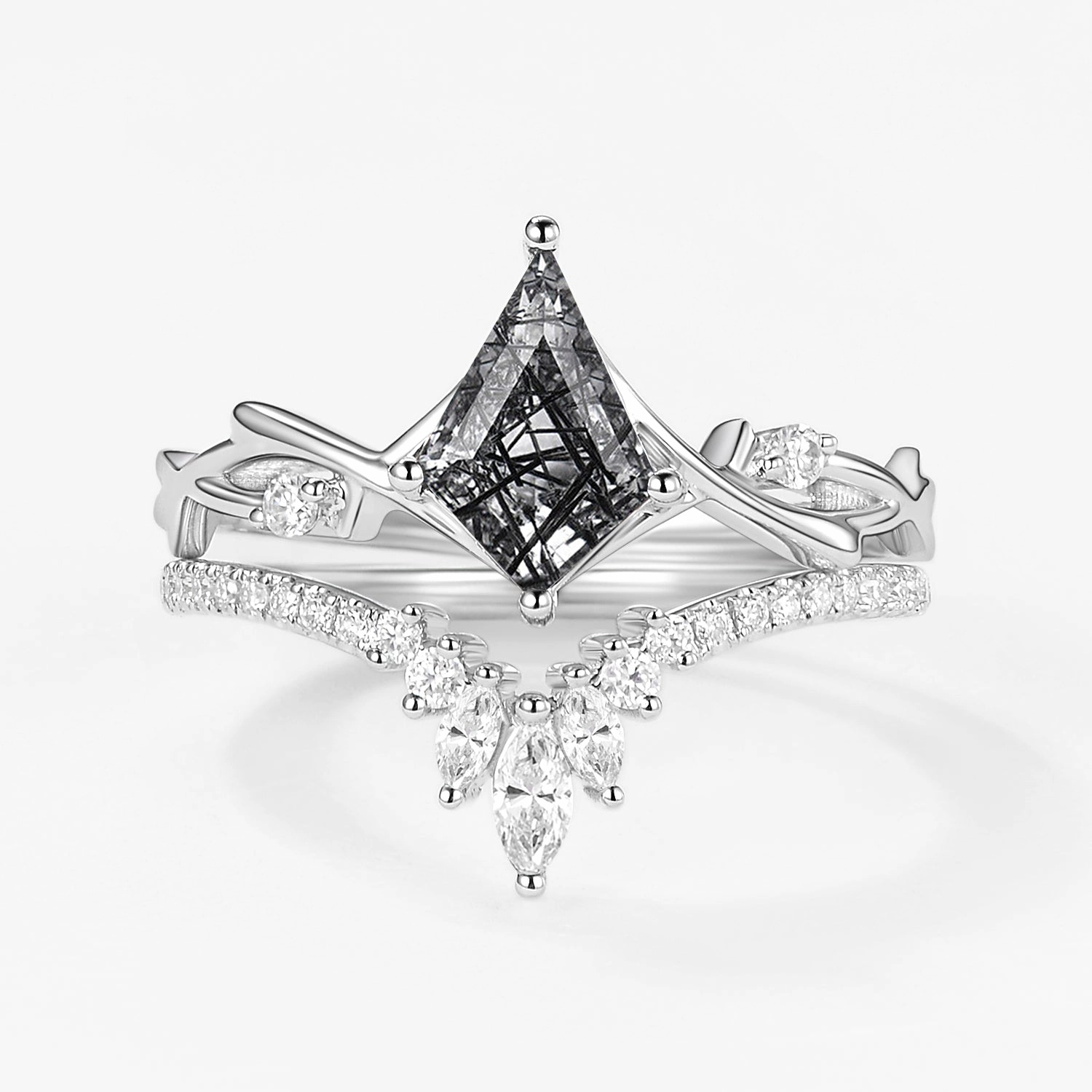 Kite Shape Branch Moss Agate Engagement Ring Sets 2pcs Sparkling finish Classic Shine