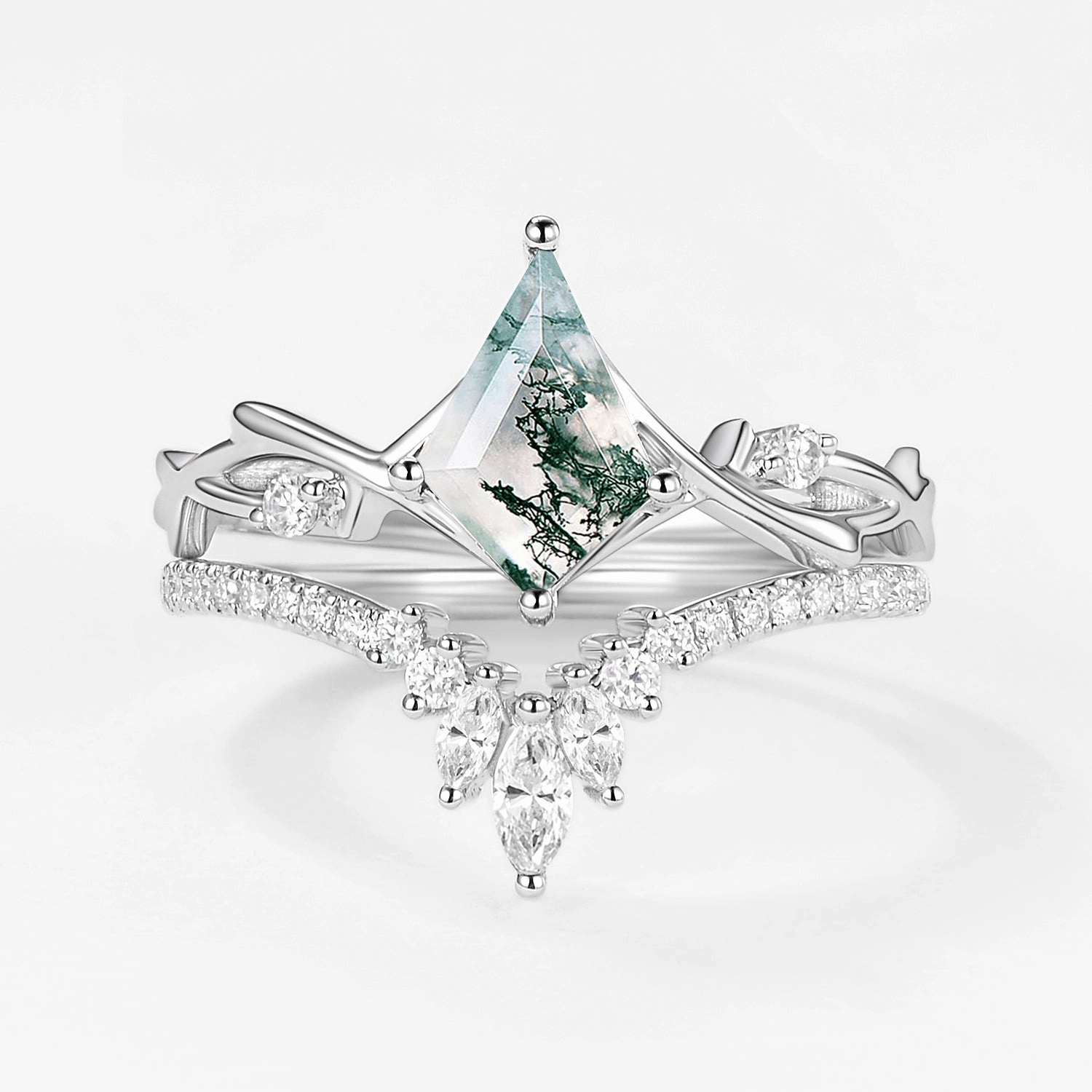 Kite Shape Branch Moss Agate Engagement Ring Sets 2pcs Chic Product