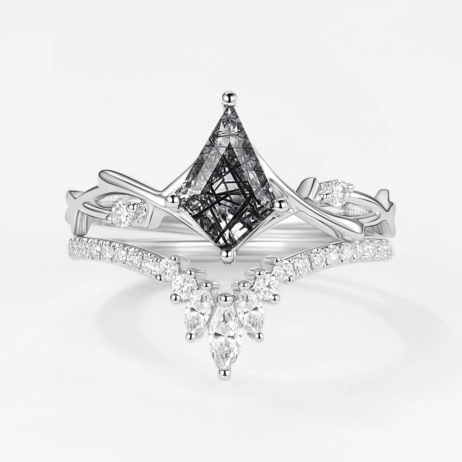 Kite Shape Branch Moss Agate Engagement Ring Sets 2pcs Dazzling Touch Feminine Glow