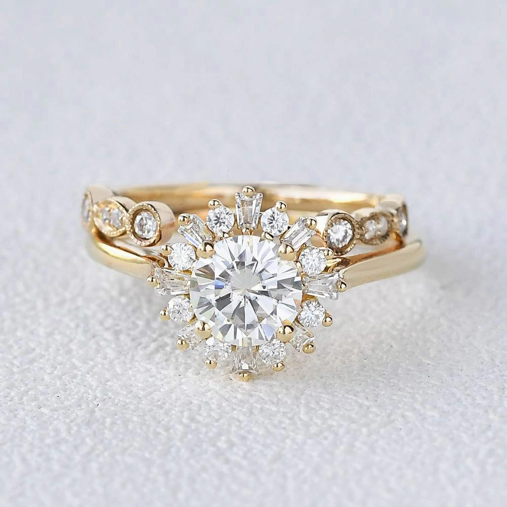 Moissanite & Baguette Zircon Halo Inspired Ring Set 2pcs Stylish Finish Feminine Edge