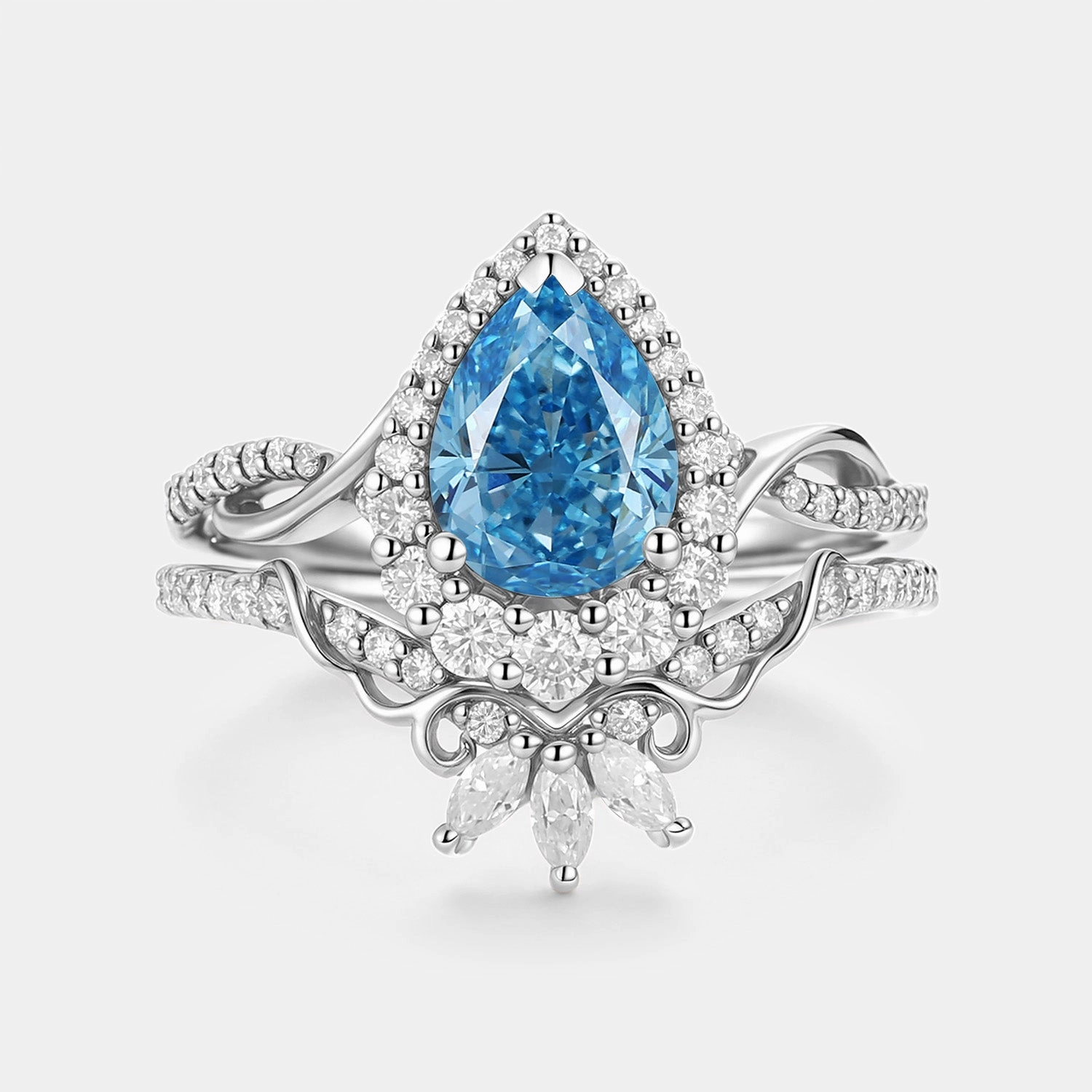 DIY Maintenance Pear Shaped Blue Lab Grown Diamond Engagement Ring Set 2pcs - Vynne
