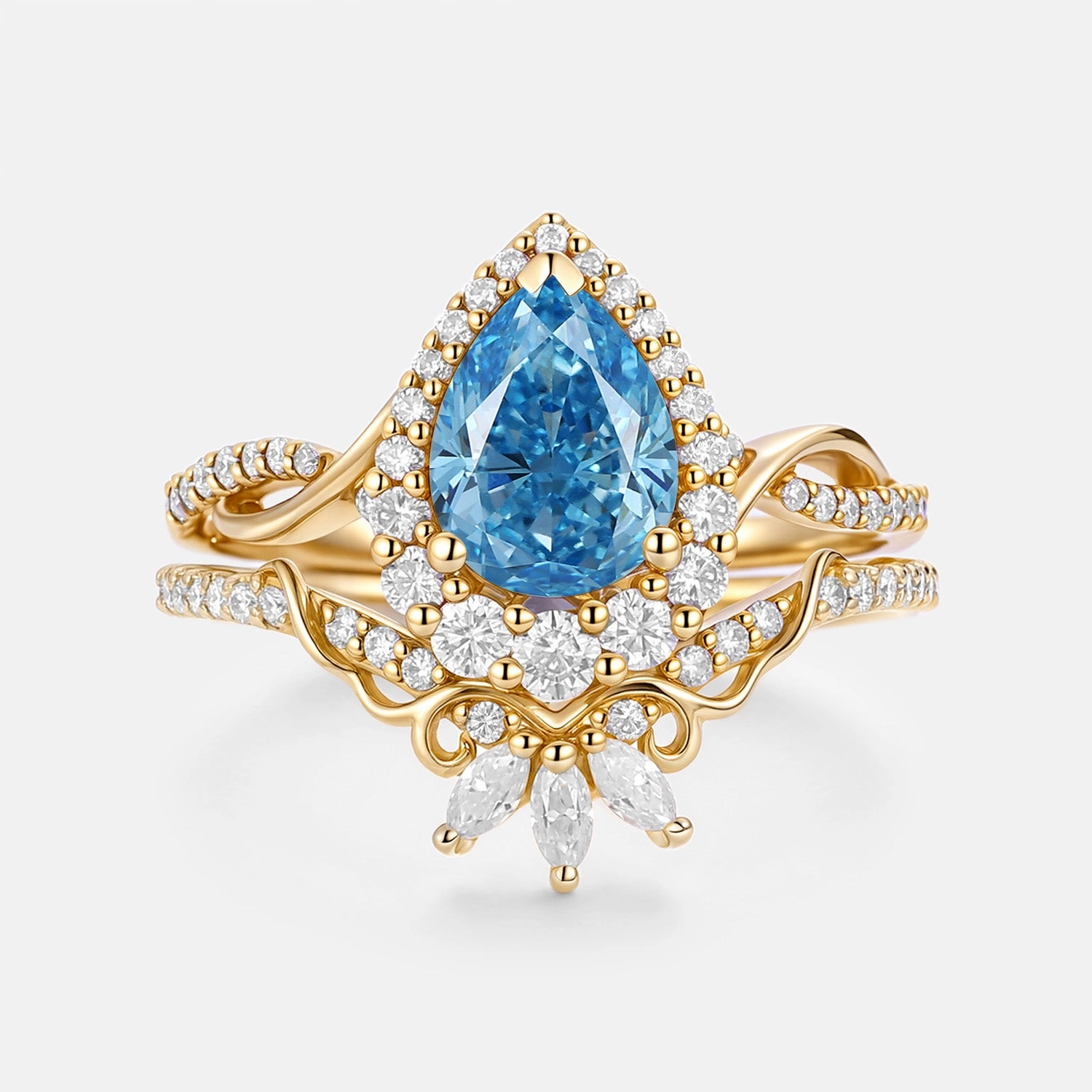 Daily Harmony Pear Shaped Blue Lab Grown Diamond Engagement Ring Set 2pcs - Vynne