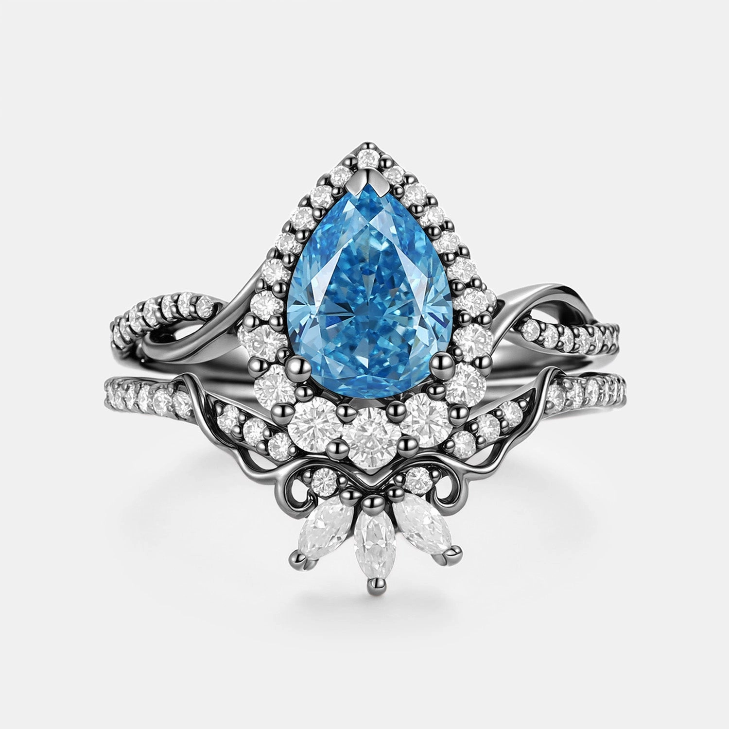 Love Token Pear Shaped Blue Lab Grown Diamond Engagement Ring Set 2pcs - Vynne